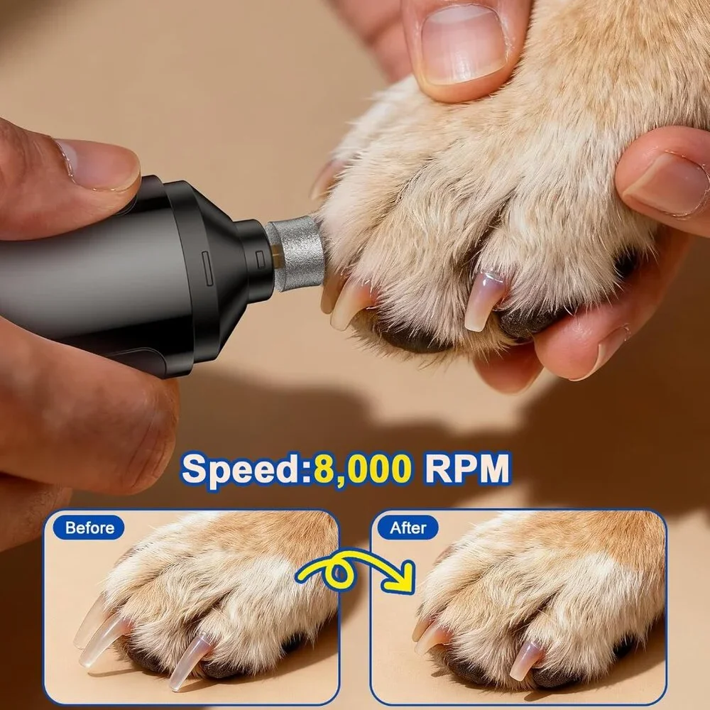 Dog Nail Grinder for dogs/cats of all Sizes. Quiet, Low Vibration Nail Trimmer